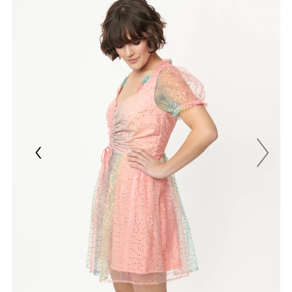 Unique Vintage Smak Parlour Rainbow Ombré Sequin Woodstock Flare Dress Large - Picture 4 of 10